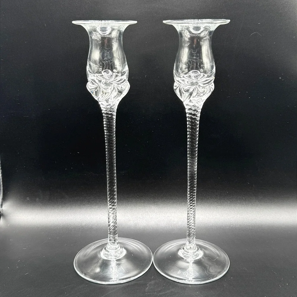 Art Glass Pair Candlesticks Vtg. Optic Twist Stem Floral Tulip Cottage Regency‎